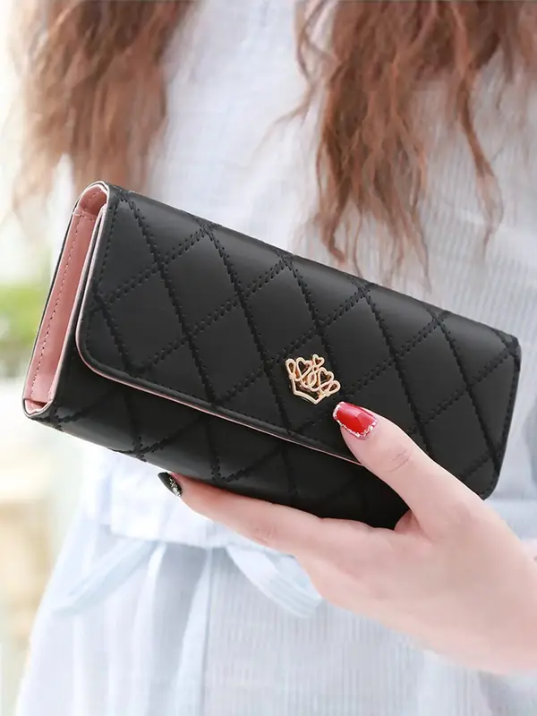 Women's Fashionable Crown Decorated Quilted Design Long Wallet, Casual Versatile Zipper Wallet for Daily Used, Trendy All-mat...