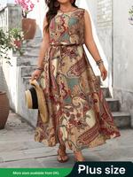 【Plus Size】Paisley Print Round Neck Dress, Boho Fashion Casual Bohemian Short Sleeve Long Dress for Daily Holiday Vacatio...