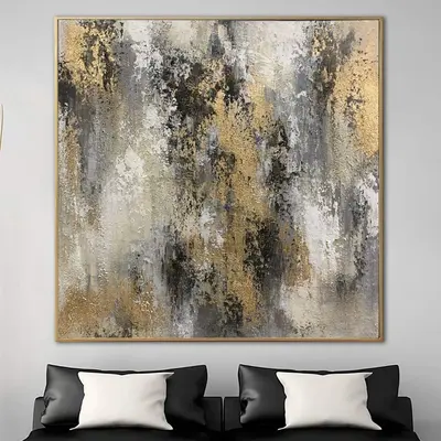 Abstract Painting on Canvas Gold Leaf Wall Art Grey Painting Original Oil Artwork Creative Art Contemporary Wall Art for Aest...