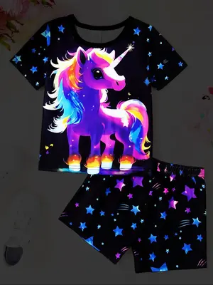 Girl's Unicorn Print Short Sleeve Tee & Star Print Shorts Set, Casual Round Neck T-shirt & Shorts, Kids Summer Clothes, Cute ...