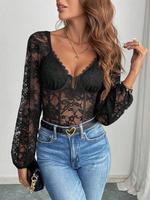 Women's Floral Lace Semi-sheer Top, Long Sleeve Sweetheart Neck Top for Party Club Dating, Ladies Clothes for All Seasons, Sh...