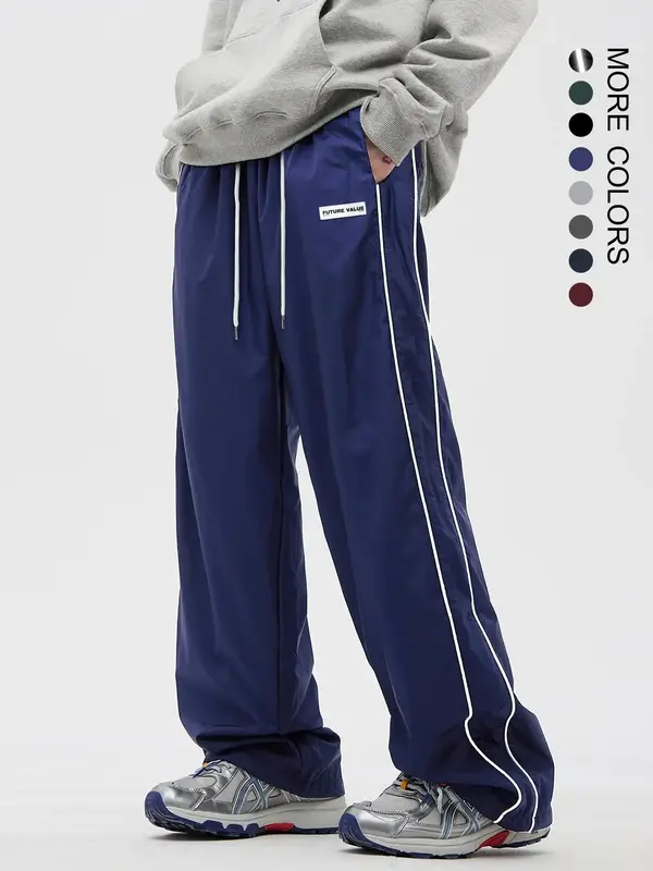 Men's Side Stripe Drawstring Waist Straight Leg Pants, Casual Pocket Letter Patched Trousers for Fall & Winter, Loose Menswe...