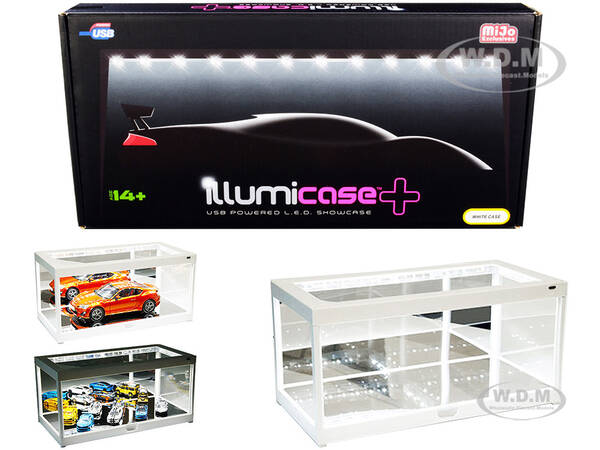 White Collectible Display Show Case Illumicase+ with LED Lights and Mirror Base and Back for 1/64 1/43 1/32 1/24 1/18 Scale M...