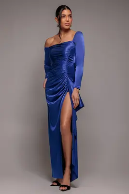 Goddiva Slinky Satin One Shoulder Split Maxi Dress - Royal Blue