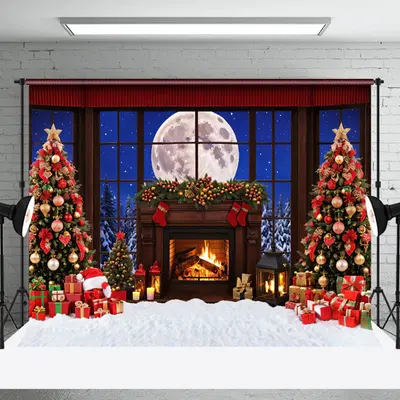 Aperturee Moon Night Xmas Trees Fireplce Christmas Backdrop - Aperturee