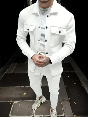 Men's Solid Button Front Pocket Jacket & Pants Two-piece Set, Regular Fit Casual Long Sleeve Collared Coat Outerwear & Trouse...