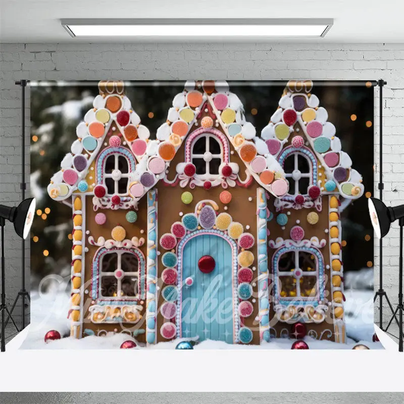 Colorful Gingerbread House Snow Bokeh Christmas Backdrop - Aperturee