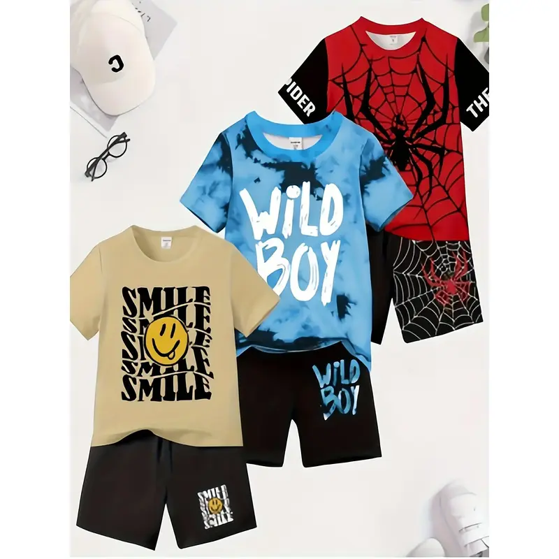 Summer Clothes Set of 6pcs for Boys  - 3 Sets of Digital Print T-Shirts & Shorts with Fun Faces and Cool Letters in Polyester...