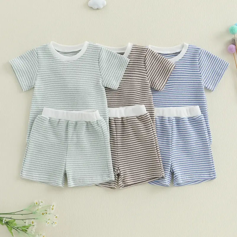 Toddler Baby Girls Boys Summer Outfit Waffle Striped Short Sleeve T-shirt Top Elastic Waist Short Cute Baby Casual Clothes