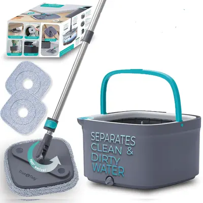 True & Tidy Spin Mop System: Dual compartments for clean/dirty water, built-in brush, thick microfiber pads, machine washable...