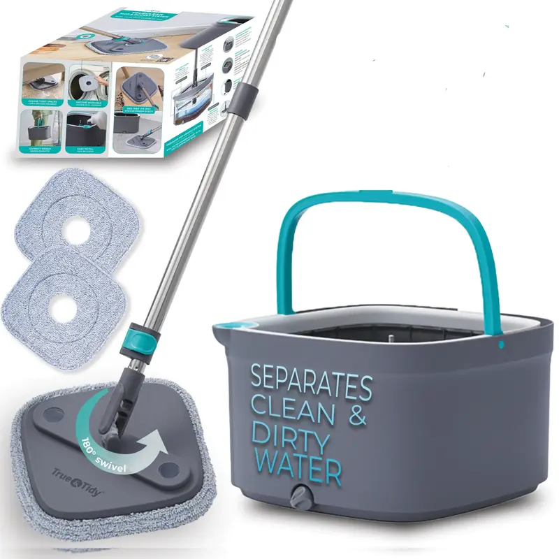 True & Tidy Spin Mop System: Dual compartments for clean/dirty water, built-in brush, thick microfiber pads, machine washable...