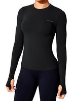 Women's Letter Print Thumb Hole Design Baselayer Top, Long Sleeve Round Neck T-shirt for Skiing Gym Workout, Ladies Sportswea...