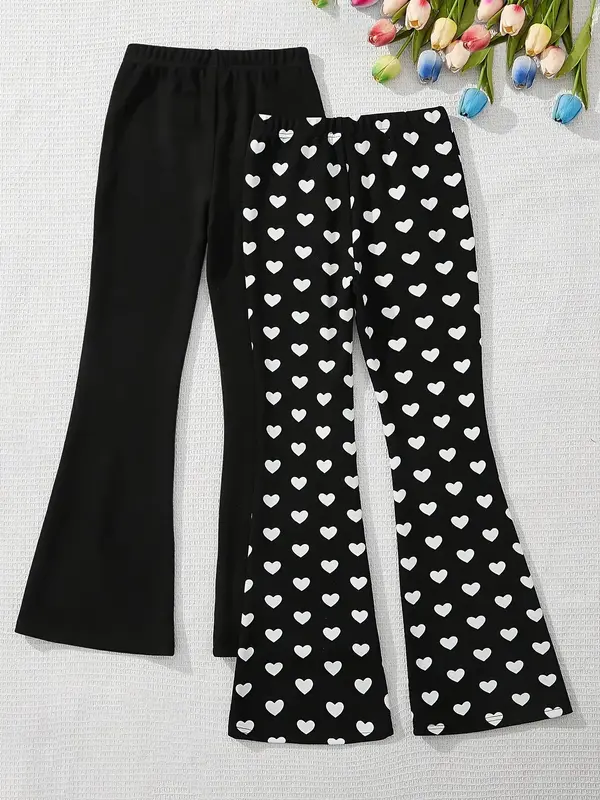 Girls' Knit Flare Leggings 2-Pack | Slim Fit Stretchy Pants | Casual & Dressy Wear (5Y-14Y, Black and white/Black)