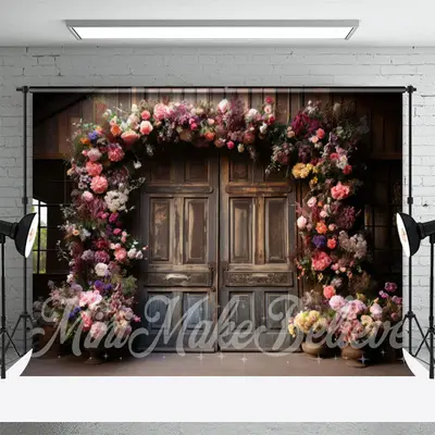 Retro Wood Door Floral Birthday Cake Smash Backdrop - Aperturee