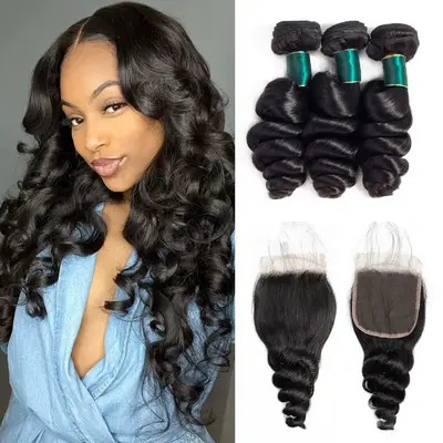 Loose Wave Human Hair Bundles with Closure Brazilian Hair-AshimaryHair.com