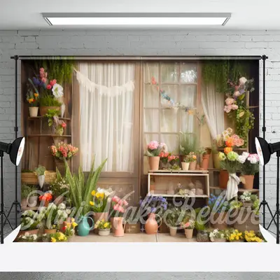 White Screen Door Wooden Rack Floral Spring Backdrop - Aperturee