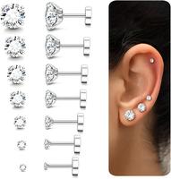 Fansilver 20G Flat Back Earrings for Women Men Stainless Steel Earrings Brithstone Cubic Zirconia Surgical Steel Cartilage Ea...