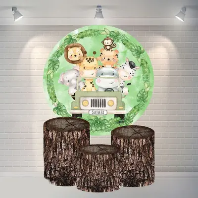 Aperturee Animals On The Green Car Round Happy Birthday Backdrop | Circle Party Backdrop | Round Backdrop Cover Diy | Circle ...