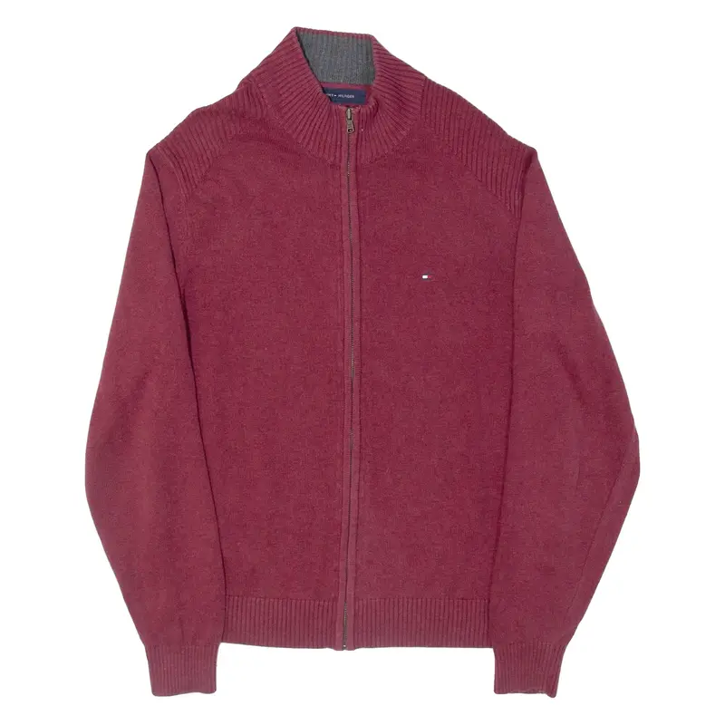 TOMMY HILFIGER Mens Cardigan Maroon High Neck Tight Knit M