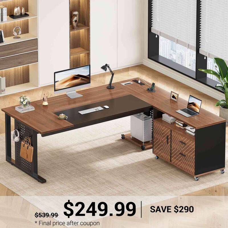 SEDETA 71 Inch Executive Desk with Rolling File Cabinet Office Computer Desk with Drawers Shelves Power Outlets CPU Stand Peg...