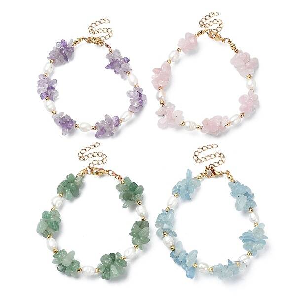 4Pcs 4 Style Natural Mixed Gemstone Chips & Pearl Beaded Bracelets Set