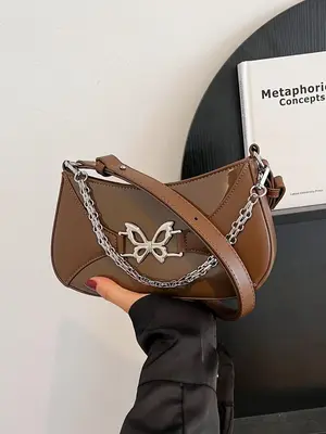 Women's Fashion Chain Decor Butterfly Design Shoulder Bag, Trendy All-match Solid 90s Vintage Small Handbag, Y2k Matching Und...