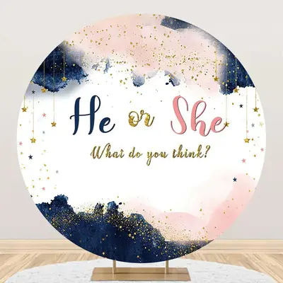 He Or She White Round Gender Reveal Party Backdrop - Aperturee