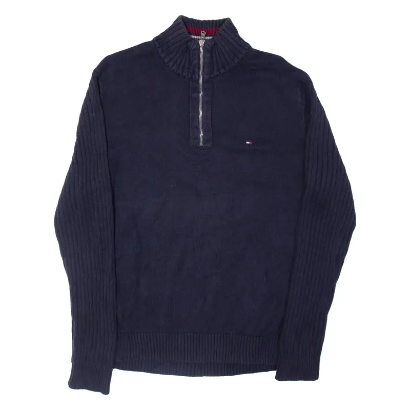 TOMMY HILFIGER Mens Jumper Blue 1/4 Zip Tight Knit L