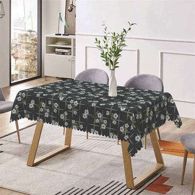 Navy Blue Flowers Checkered Rectangle Tablecloth - Aperturee