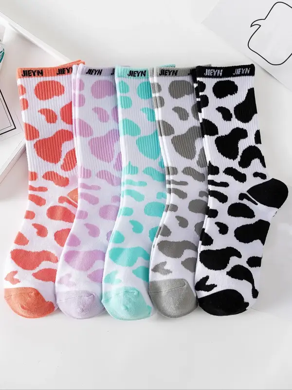 Women's Cow & Letter Print Crew Socks, Casual Moisture Wicking Socks, Soft Comfy Breathable Socks for All Seasons Daily Wear,...