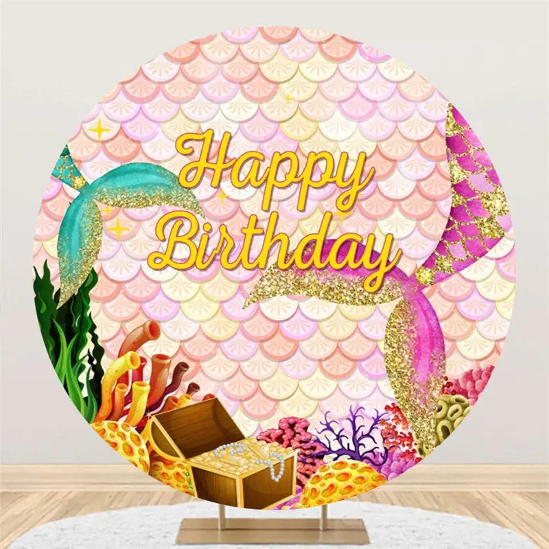 Fish Scales Treasure Mermaid Round Birthday Backdrop - Aperturee
