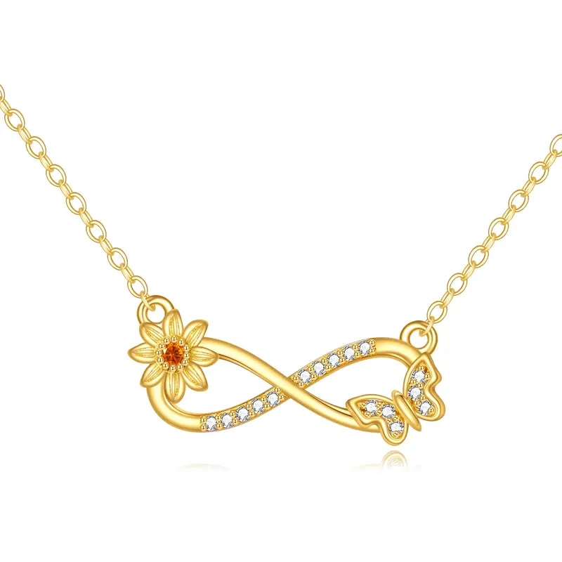 14K Gold Cubic Zirconia Butterfly Sunflower Infinity Symbol Pendant Necklace