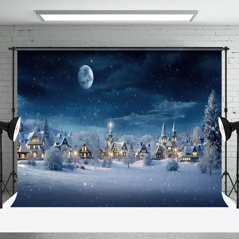 Aperturee Quiet Village Snowy Night Winter Scenery Backdrop