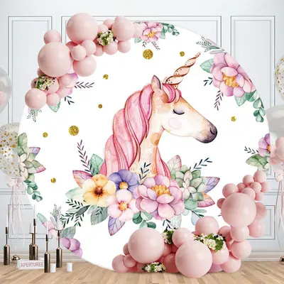 Aperturee Pink And Purple Floral Unicorn Round Birthday Backdrop