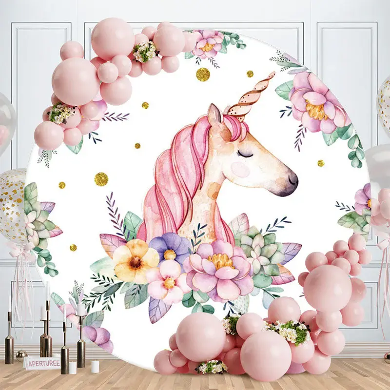 Aperturee Pink And Purple Floral Unicorn Round Birthday Backdrop