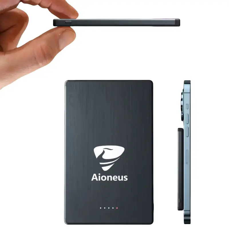 Aioneus Ultra-thin Power Bank, Magnetic Battery 5000mAh, 15W Wireless Fast Charge with 0.27in thick, Magnetic Wireless Portab...