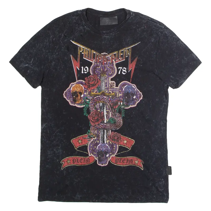 PHILIPP PLEIN Distressed Acid Wash Band Style Mens T-Shirt Black Crew Neck M