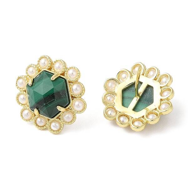 Ion Plating(IP) Natural Malachite Hexagon Stud Earrings with Plastic Pearl Beaded