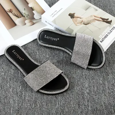 Women's Flat Sandals-Rhinestone Sparkly Sandals Dressy Slip on Summer Casual Fancy Flat Sandals Glitter Open Toe Slides ZYX