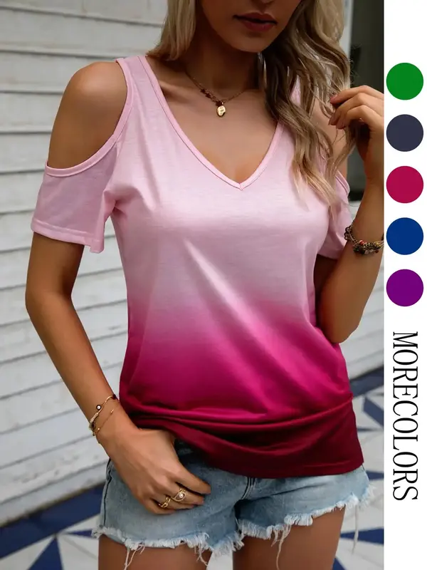 Women's Ombre Print Cold Shoulder Tee, Casual Short Sleeve T-Shirt for Summer, Summer Outfits 2024, Ladies Clothes for Daily...