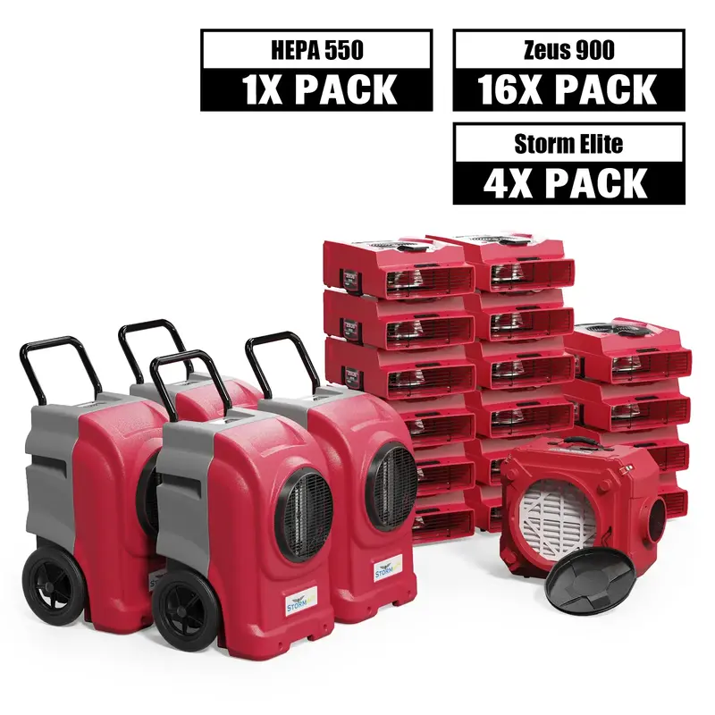 Alorair Water Damage Restoration Combo Pack, 4 X Storm Elite Commercial Dehumidifier, 16 X Zeus 900 Air Mover, 1 X CleanShiel...