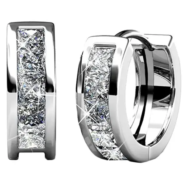 Giselle 18k White Gold Plated Silver Huggie Hoop Earrings for Women with Simulated Diamond Crystals