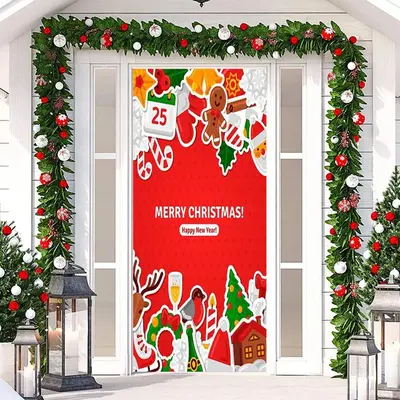 Red Cute Happy New Year Merry Christmas Door Cover - Aperturee