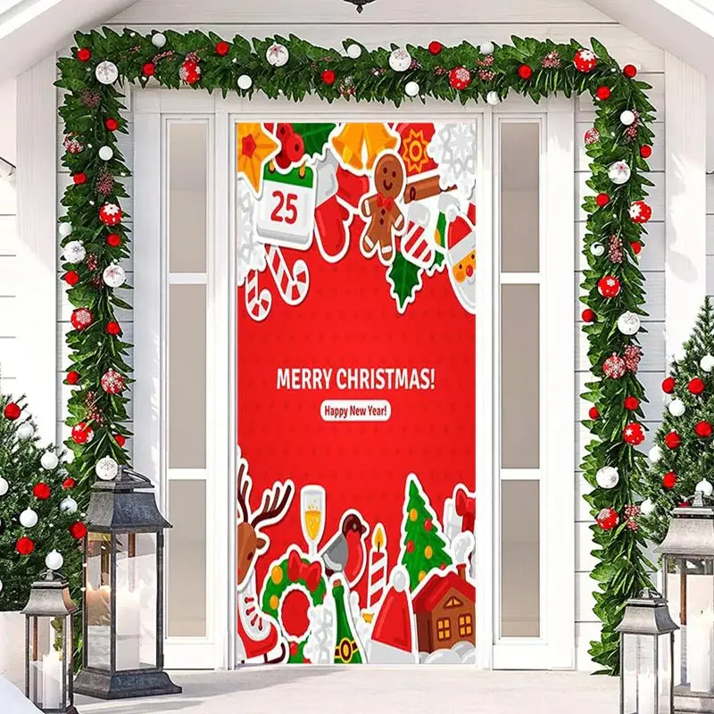 Red Cute Happy New Year Merry Christmas Door Cover - Aperturee