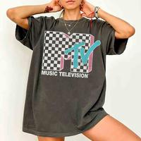 Comfort Colors MTV Neon Distressed Checkered Logo Graphic Shirts, Retro 80s & 90s MTV Wash Family Matching Tee, Vintage MTV B...