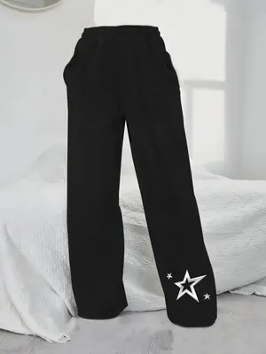 Girl's Star Print Pocket Elastic Waist Wide Leg Pants, Casual Comfy Trousers for Fall & Winter, Kids Bottoms for Daily Wear