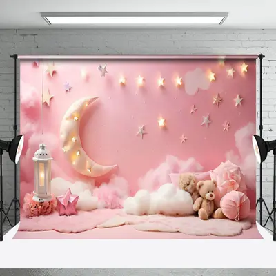 Aperturee Pink Moon Clouds Princess Girl Cake Smash Backdrop