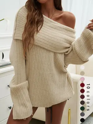 Women's Solid Off Shoulder Drop Shoulder Sweater, Elegant Fashion Casual Long Sleeve Jumper for Daily Outdoor Wear, Women Kni...