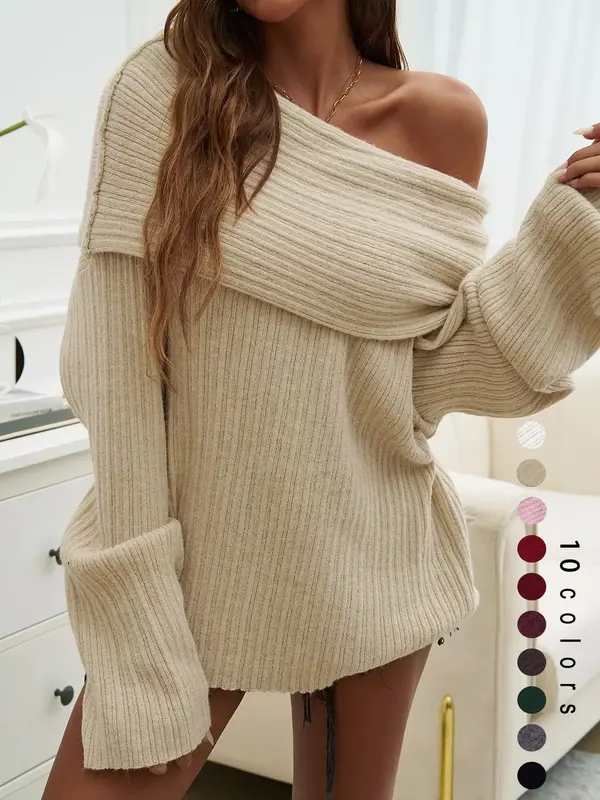 Women's Solid Off Shoulder Drop Shoulder Sweater, Elegant Fashion Casual Long Sleeve Jumper for Daily Outdoor Wear, Women Kni...