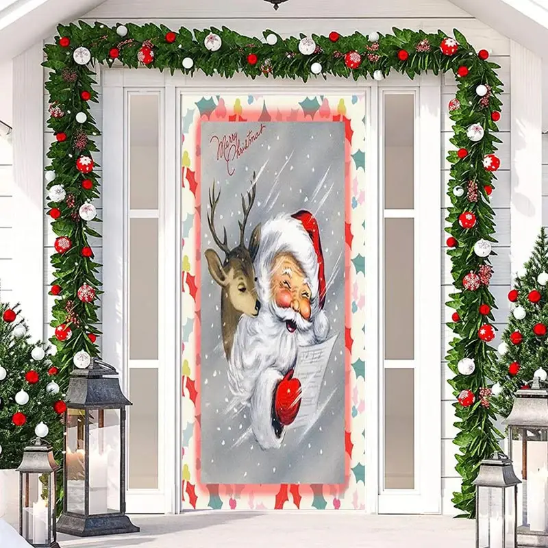 Cute Santa Claus Elk Merry Christmas Door Cover - Aperturee